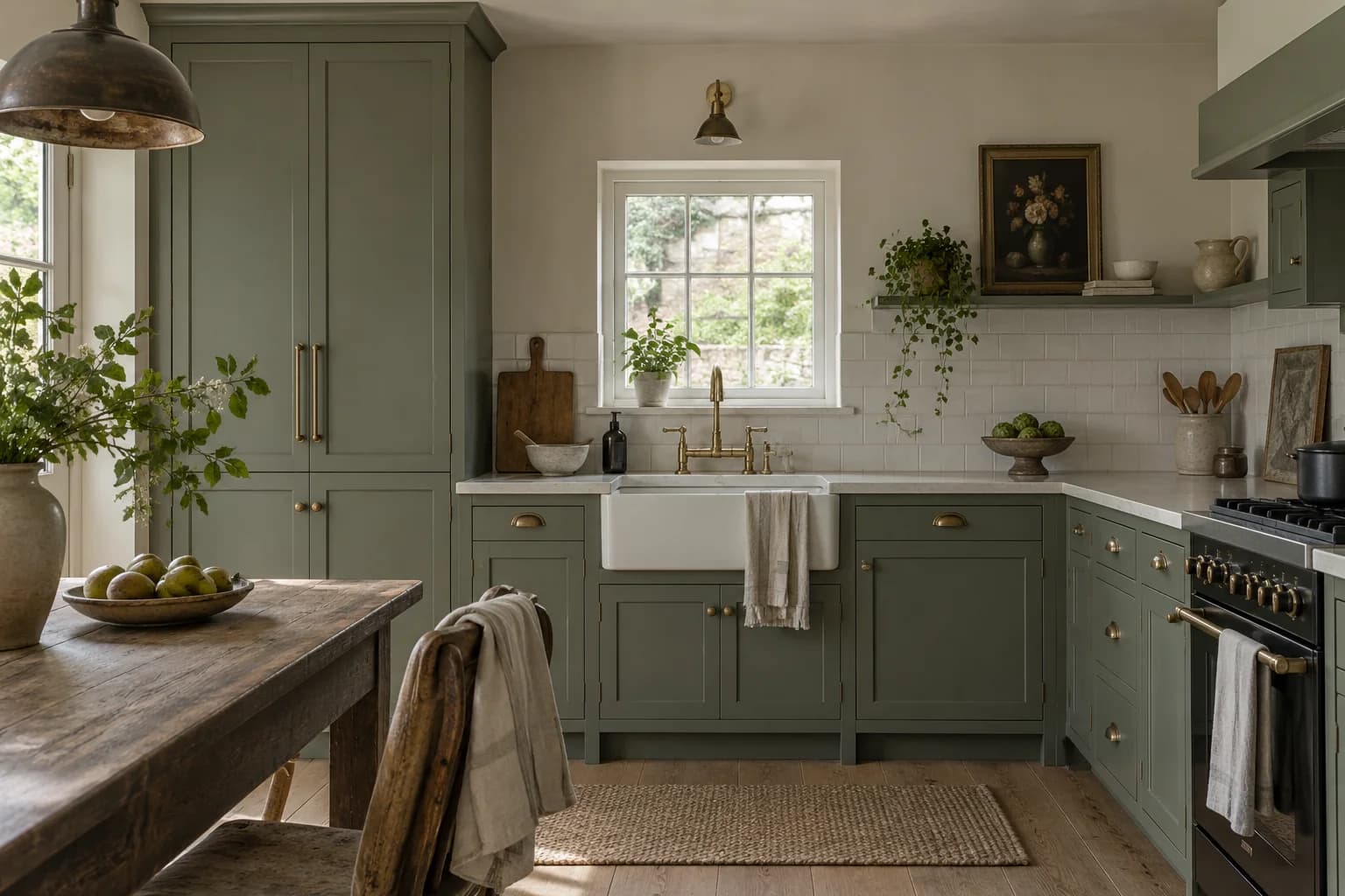 Kitchen cabinets featuring Card Room Green paint
