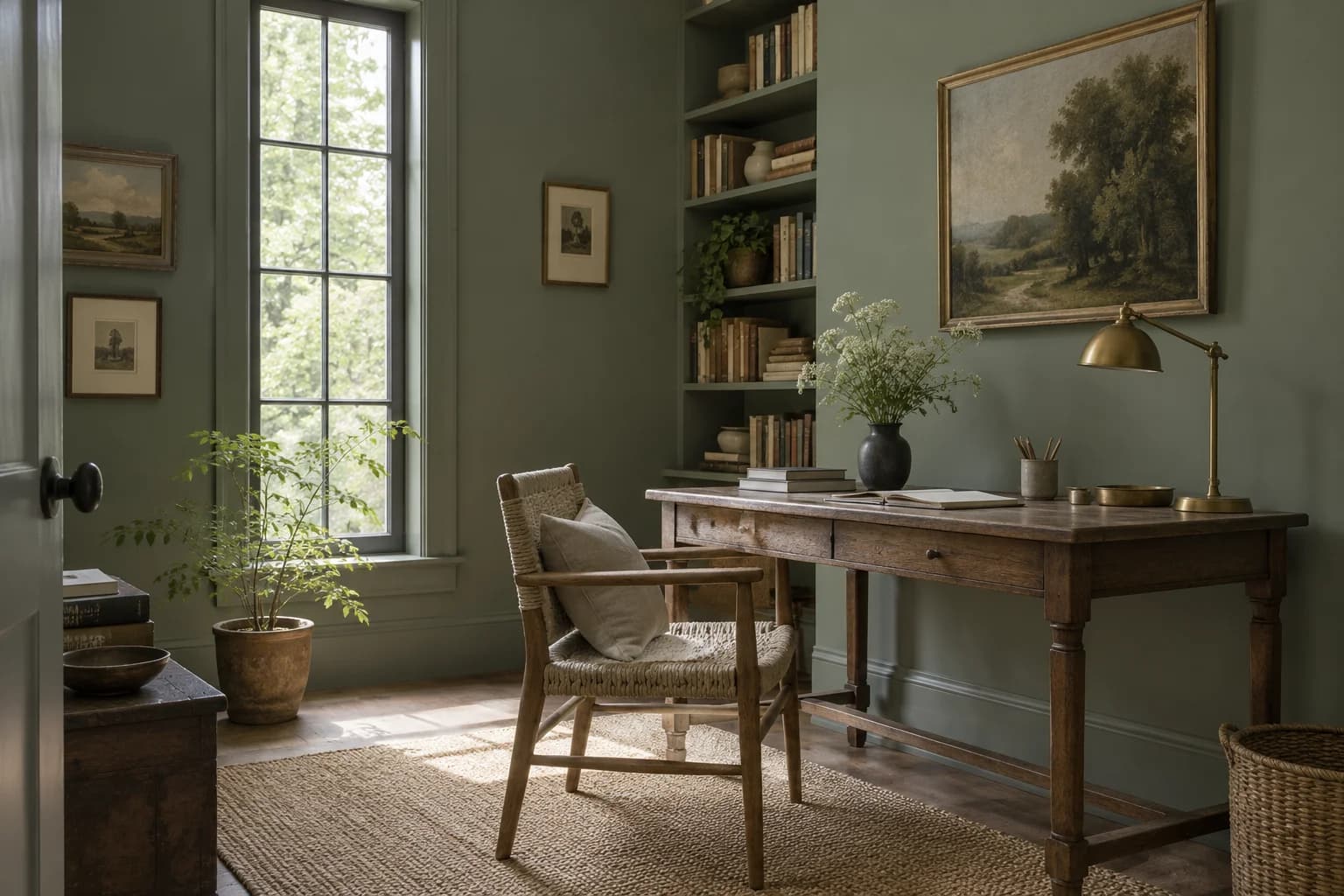 Home office featuring Card Room Green paint