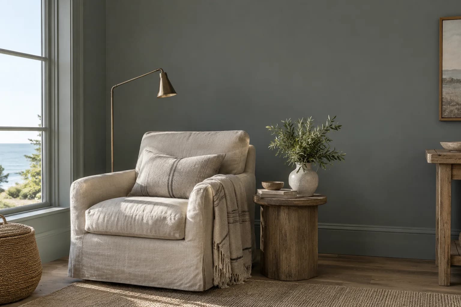 Reading nook with De Nimes walls and a cream armchair