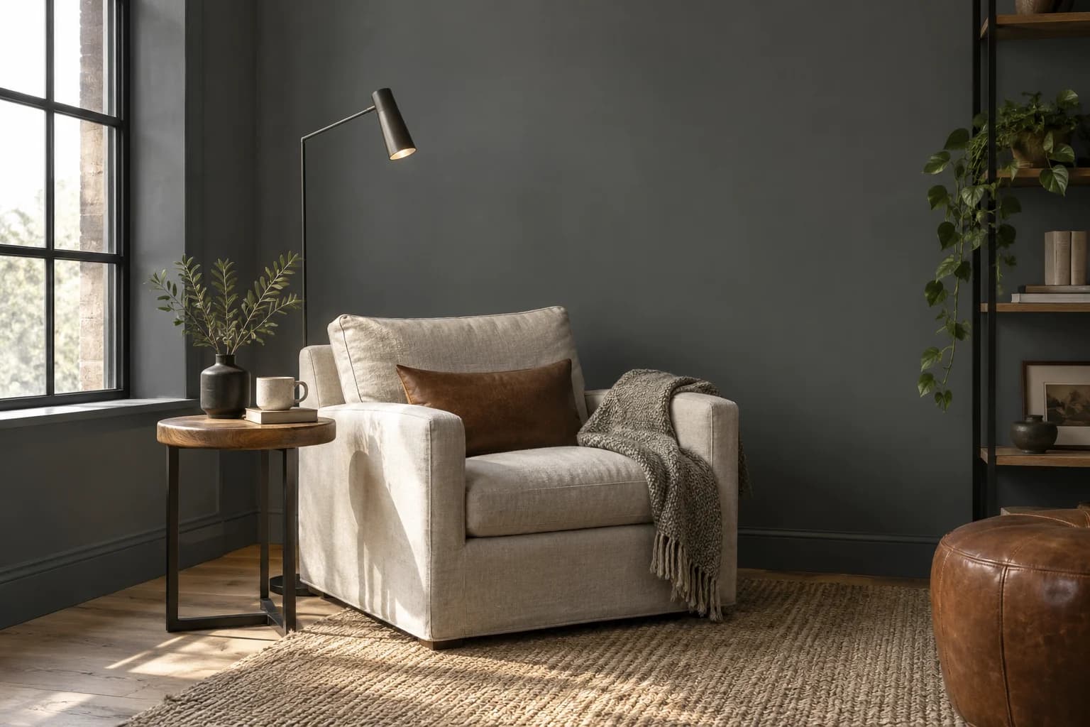 Reading nook with Down Pipe walls and a cream armchair