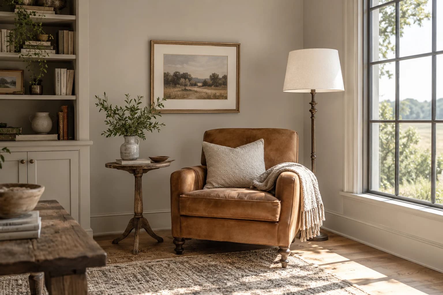 Reading nook with Elephant's Breath walls and a cream armchair