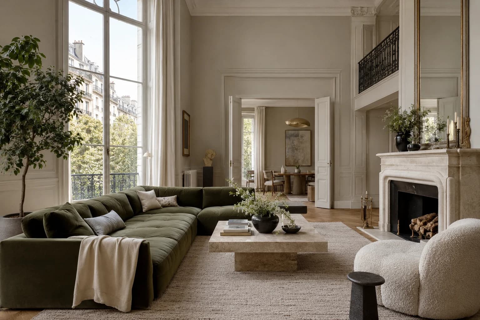 Elephant's Breath walls in a Parisian apartment living room