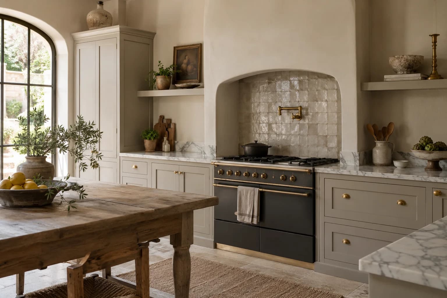 Kitchen cabinets featuring Elephant's Breath paint
