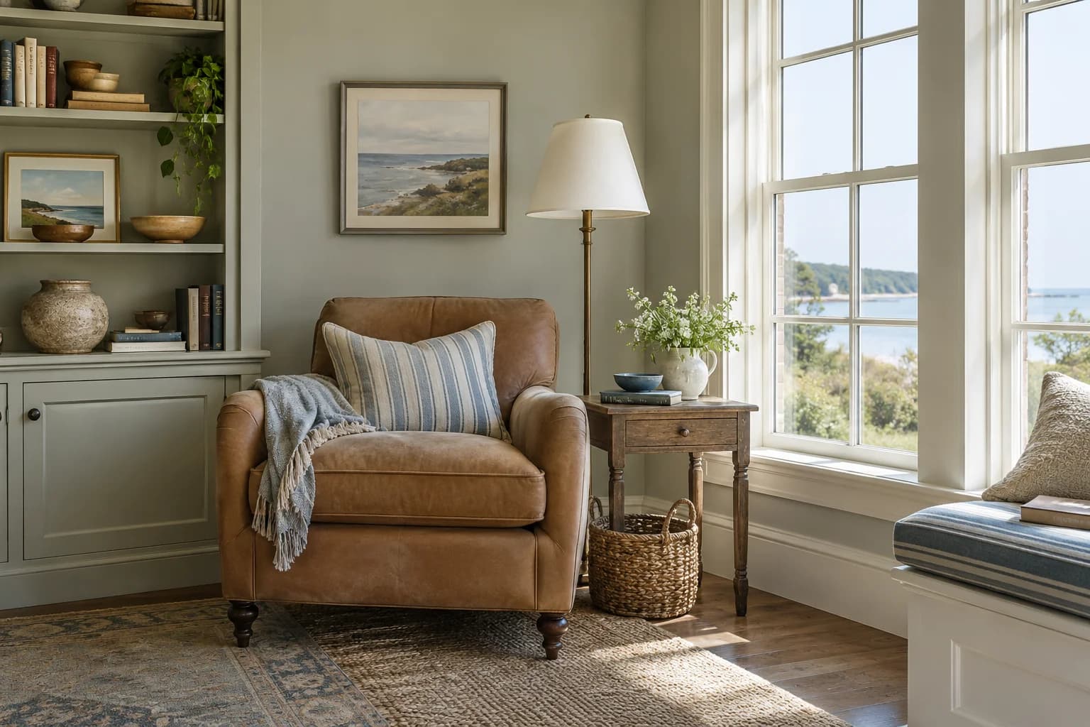 Reading nook with French Gray walls and a cream armchair