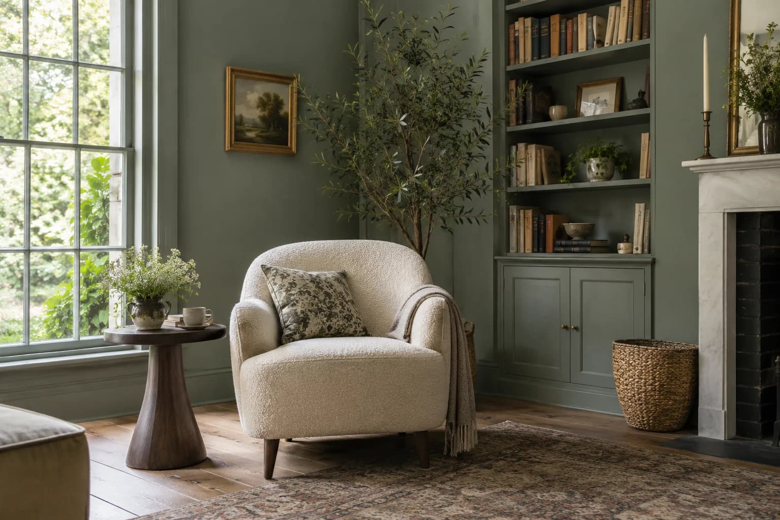 Reading nook with Green Smoke walls and a cream armchair