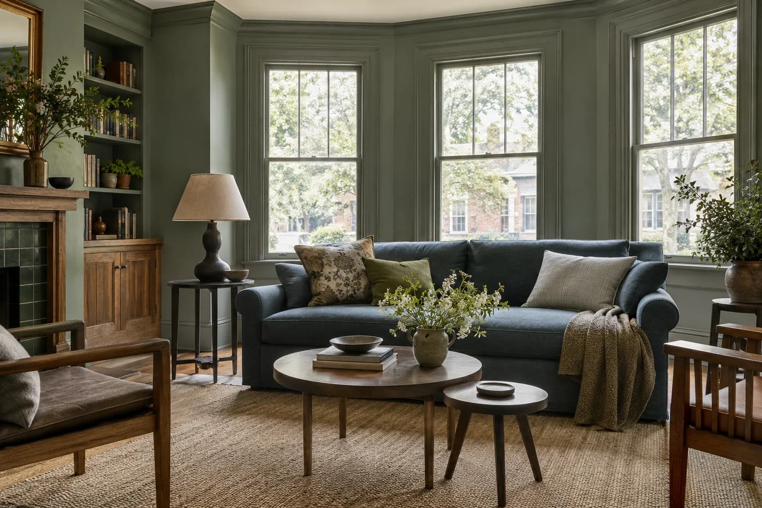 Green Smoke walls in an Arts and Crafts living room