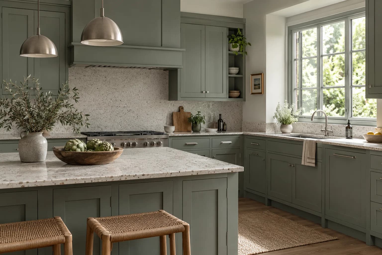 Kitchen cabinets featuring Green Smoke paint