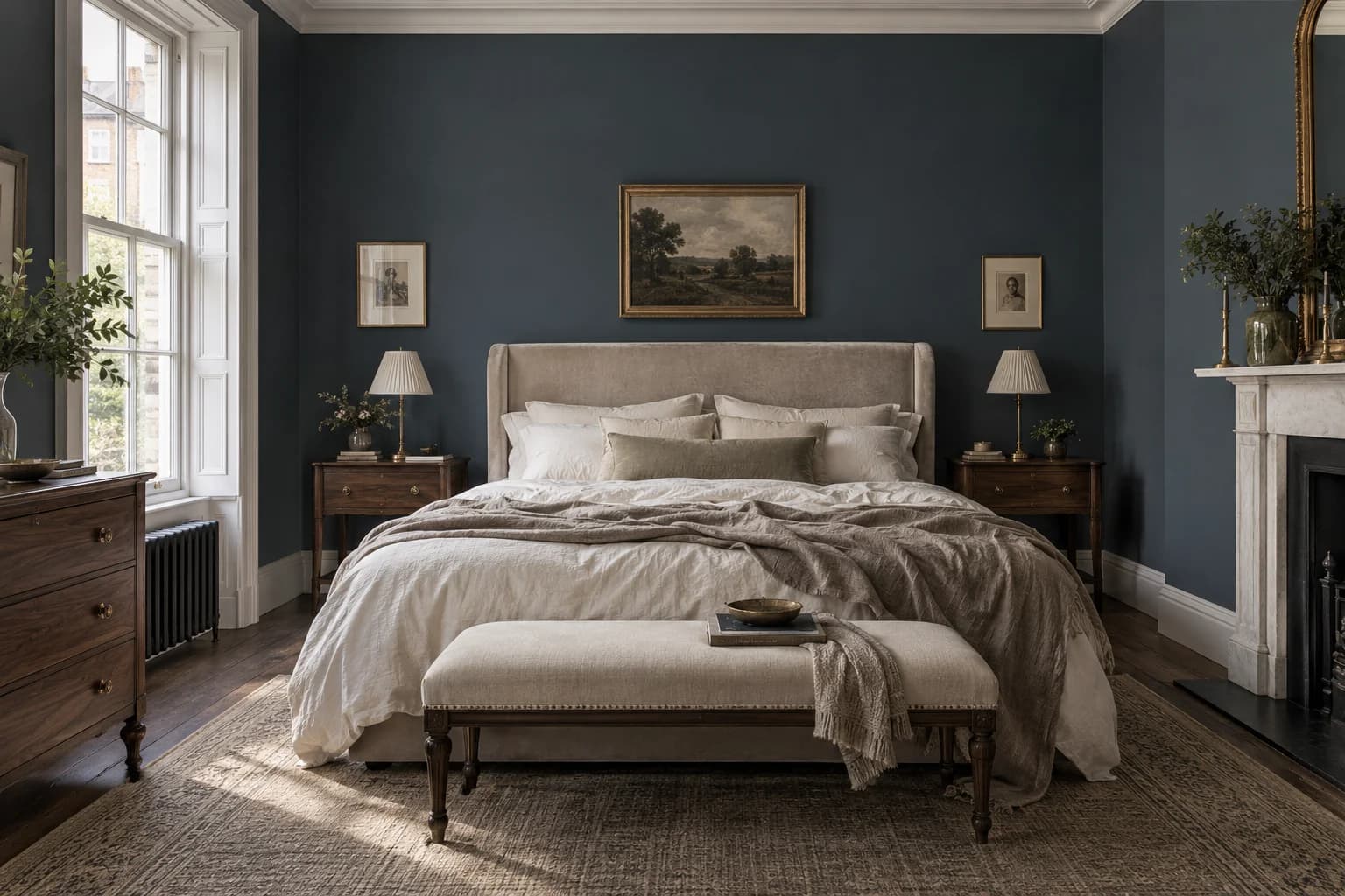 Bedroom featuring Hague Blue paint