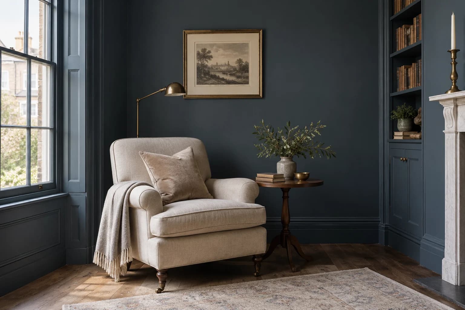 Reading nook with Hague Blue walls and a cream armchair