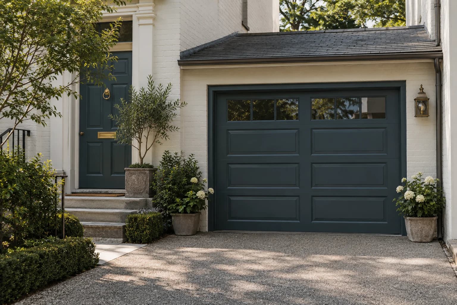 Garage door featuring Hague Blue paint