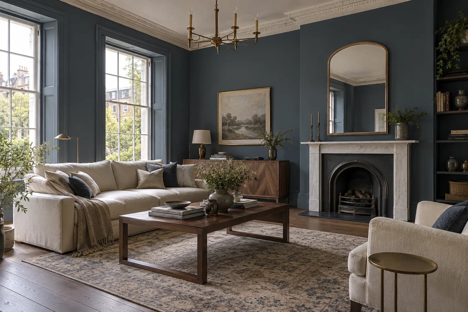 Hague Blue walls in a Georgian living room
