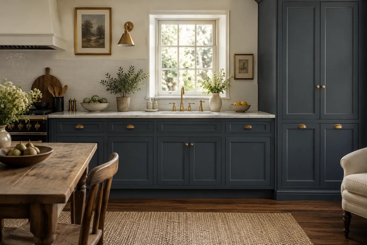 Kitchen cabinets featuring Hague Blue paint