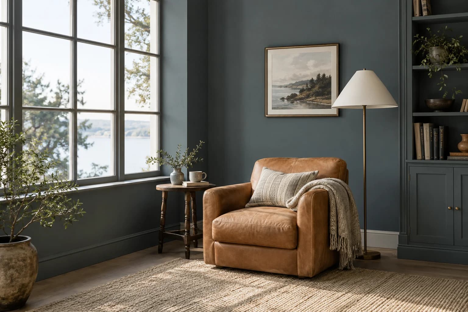 Reading nook with Inchyra Blue walls and a cream armchair