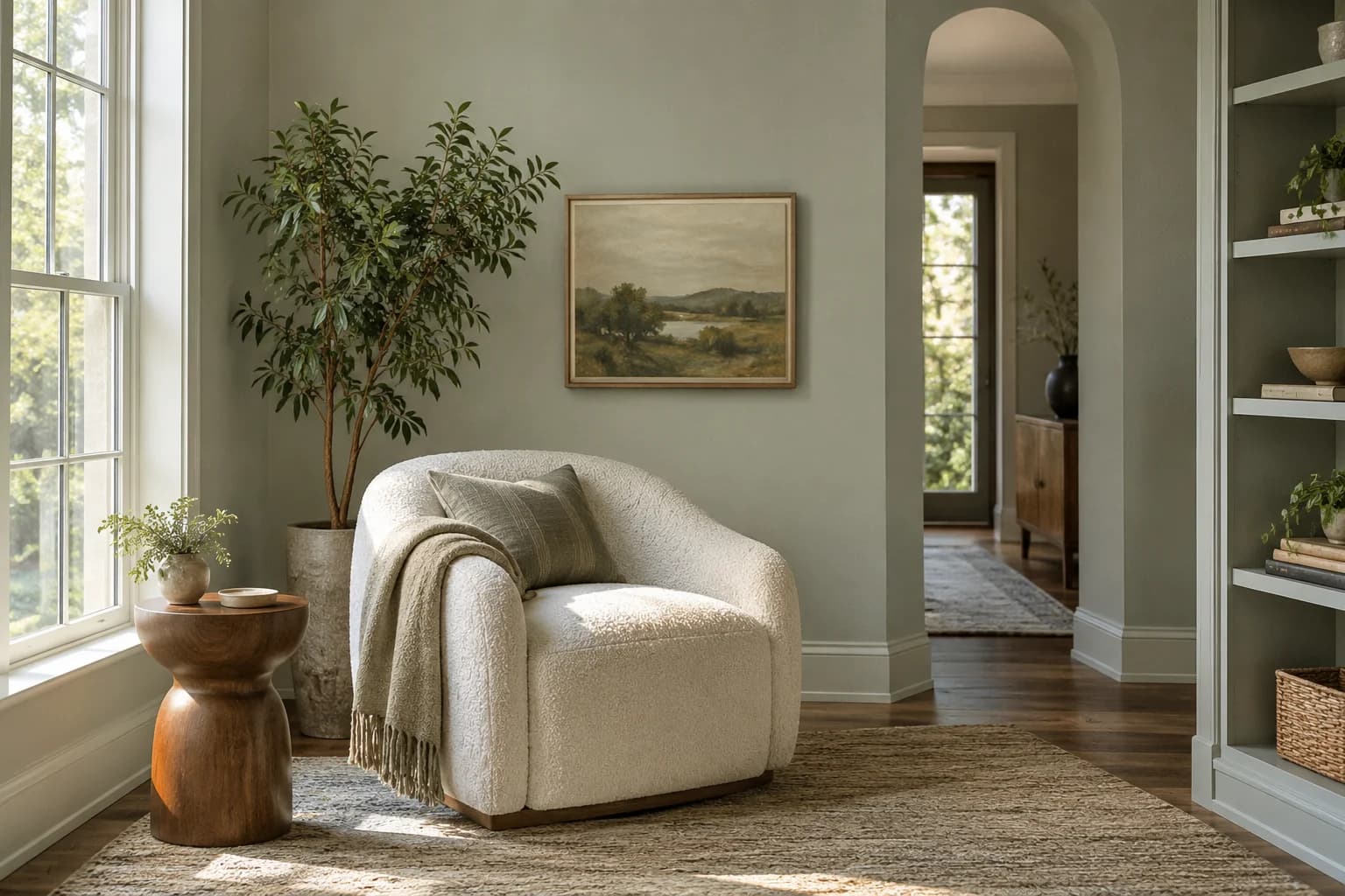Reading nook with Mizzle walls and a cream armchair