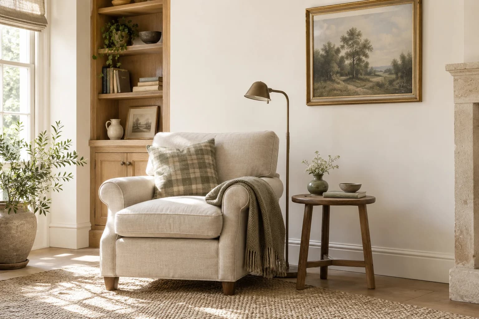 Reading nook with Pointing walls and a cream armchair