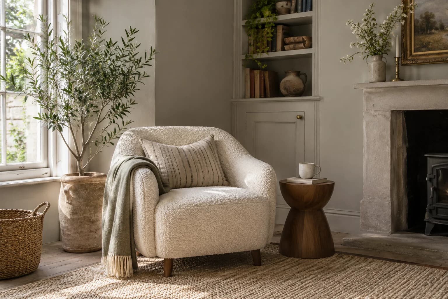 Reading nook with Purbeck Stone walls and a cream armchair