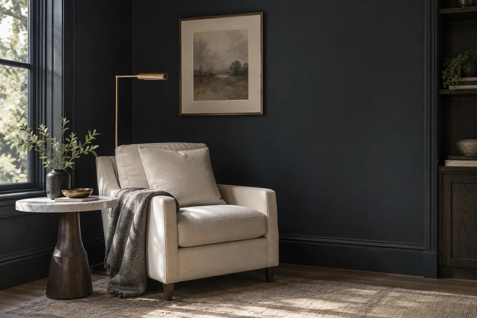 Reading nook with Railings walls and a cream armchair