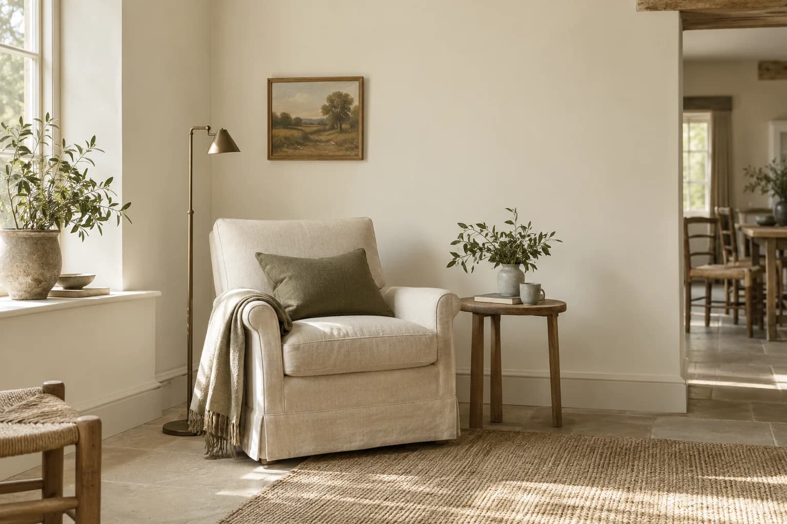 Reading nook with School House White walls and a cream armchair