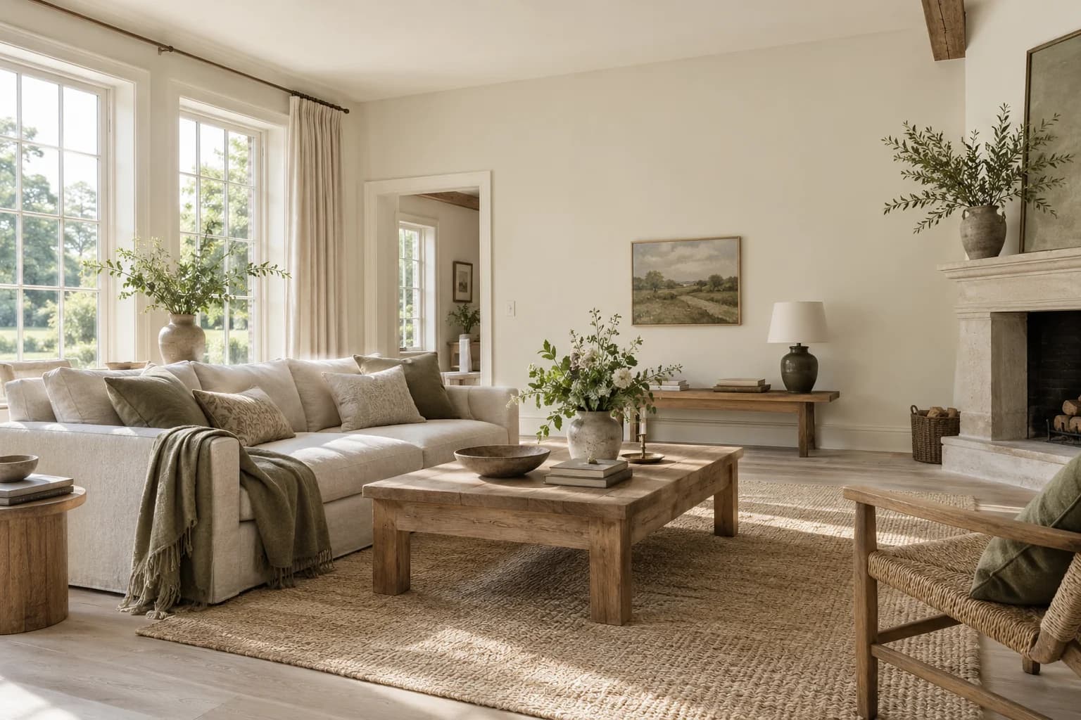 School House White walls in an English farmhouse living room