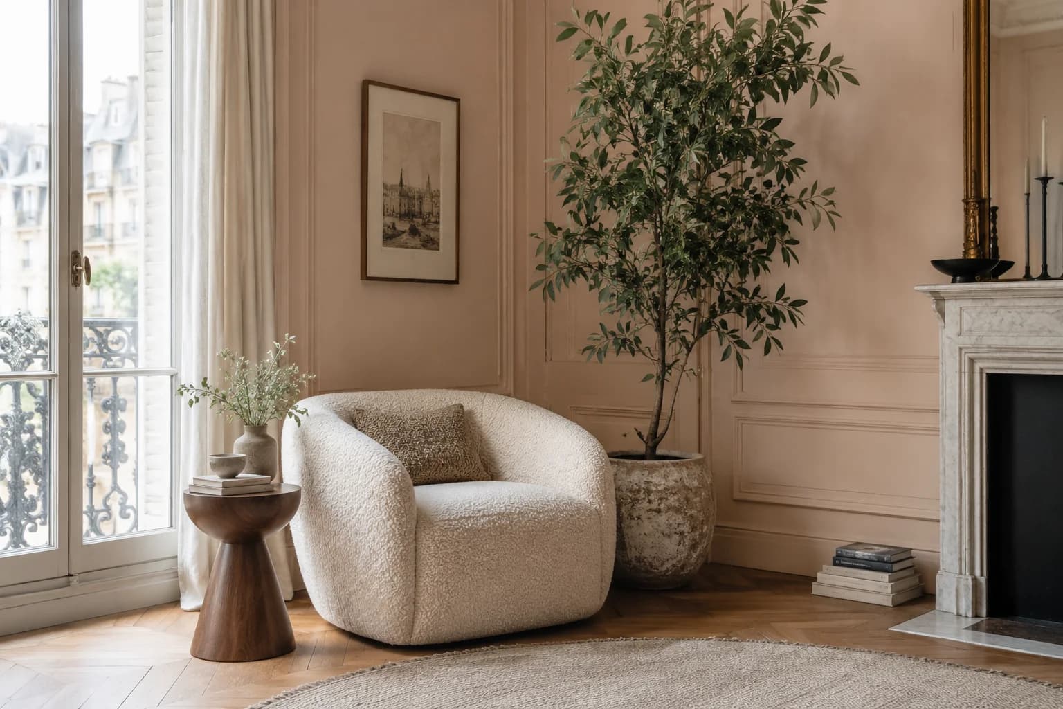 Reading nook with Setting Plaster walls and a cream armchair