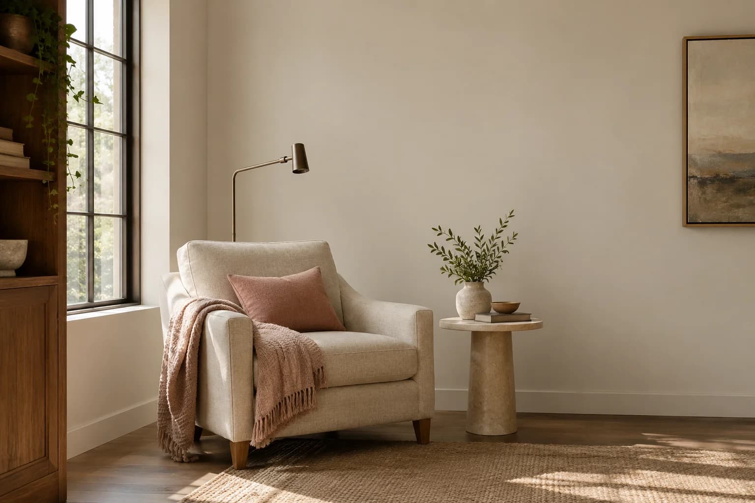 Reading nook with Skimming Stone walls and a cream armchair
