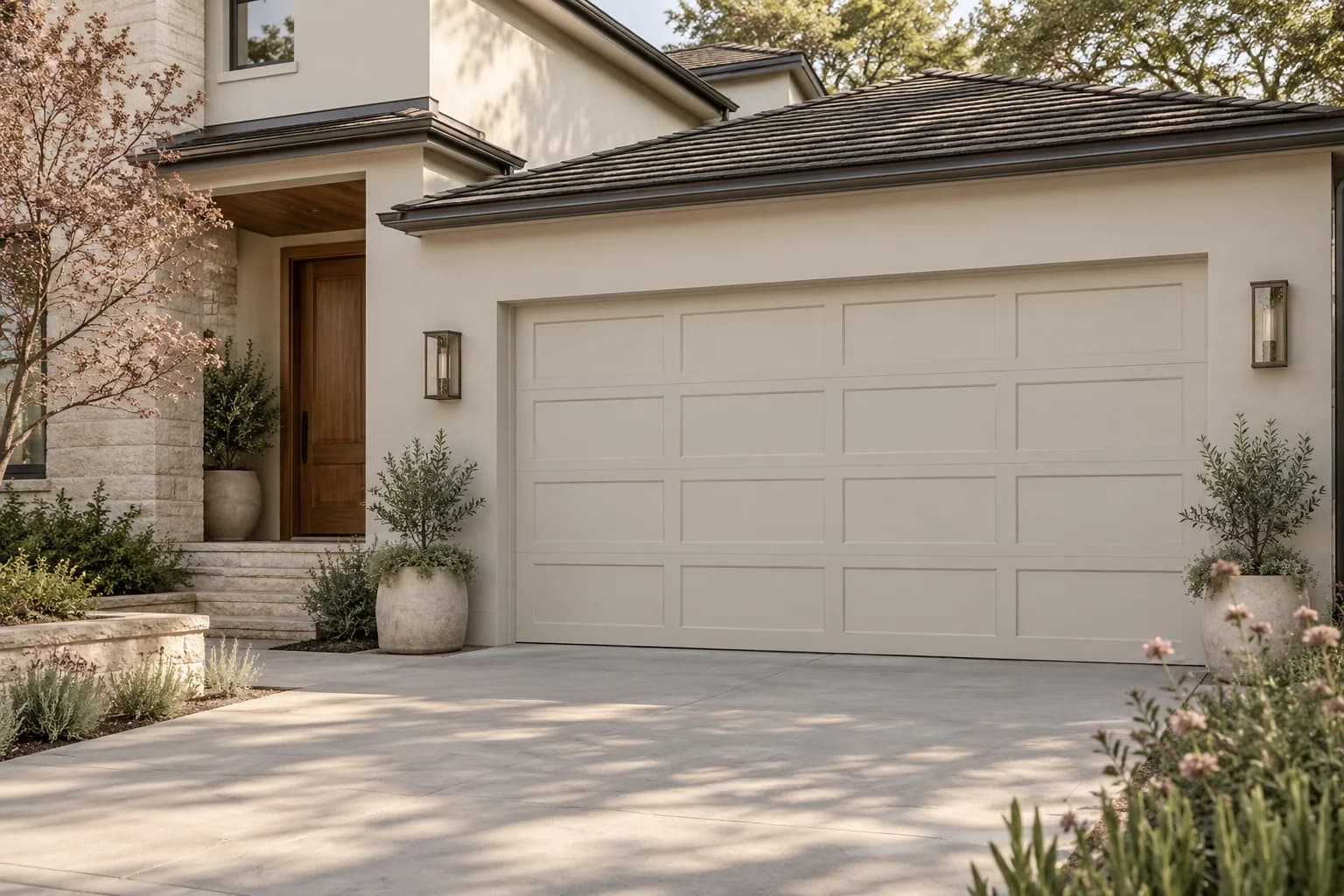Garage door featuring Skimming Stone paint