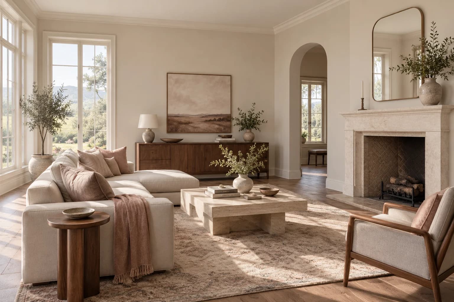 Skimming Stone walls in a transitional living room