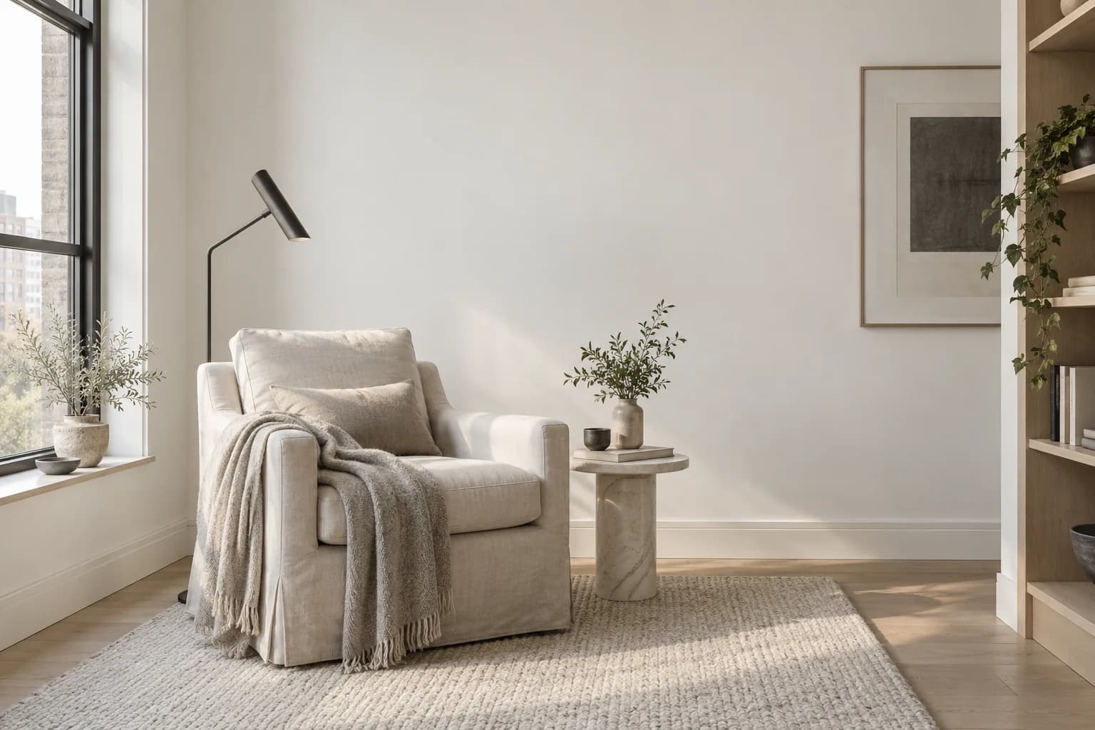 Reading nook with Strong White walls and a cream armchair