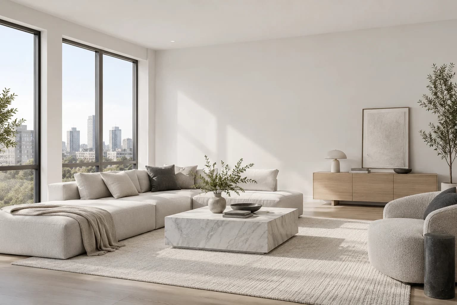 Strong White walls in a city apartment living room