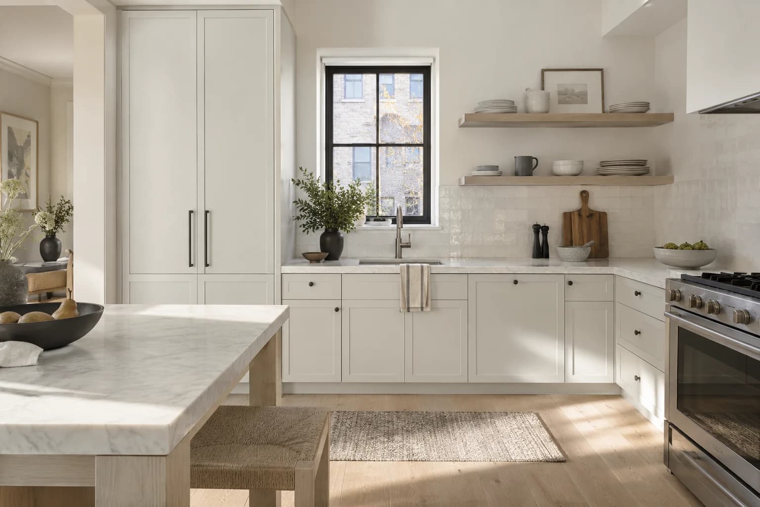 Kitchen cabinets featuring Strong White paint
