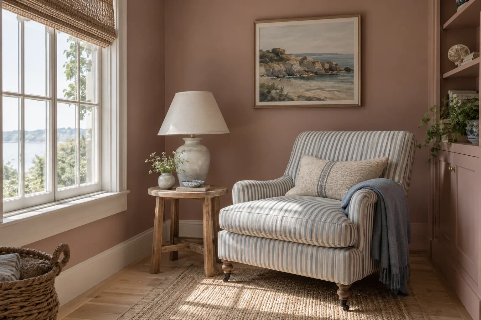 Reading nook with Sulking Room Pink walls and a cream armchair