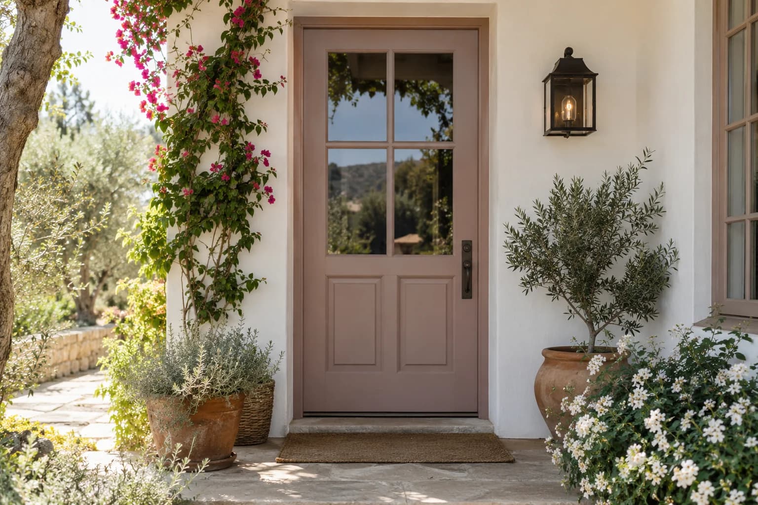Front door featuring Sulking Room Pink paint