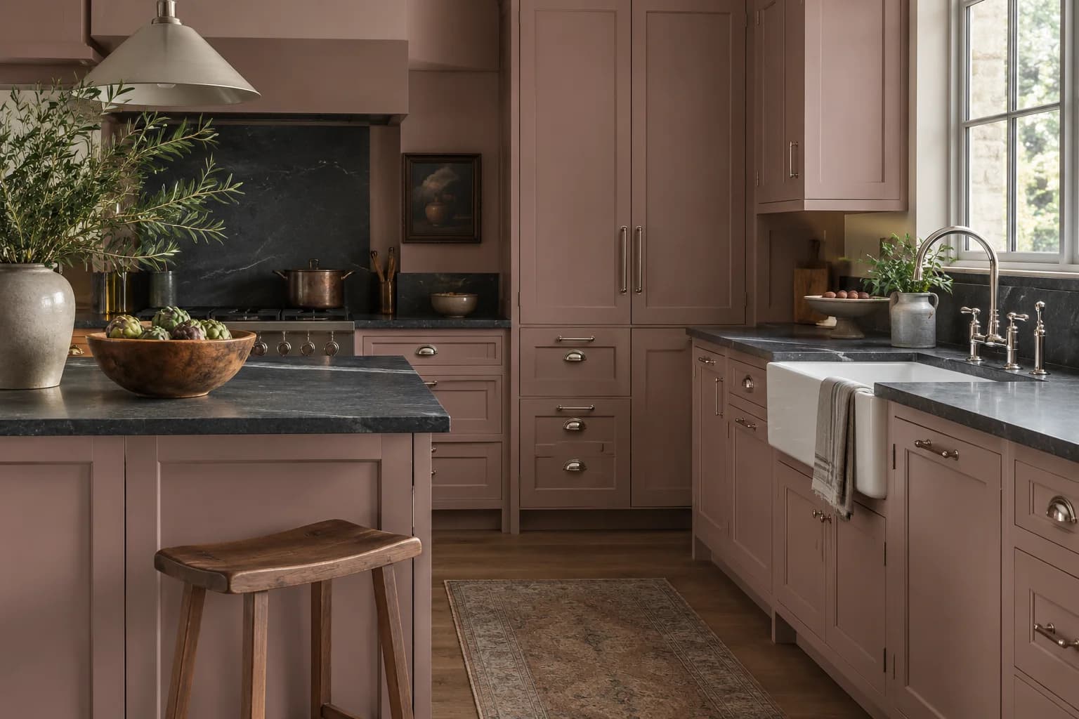 Kitchen cabinets featuring Sulking Room Pink paint