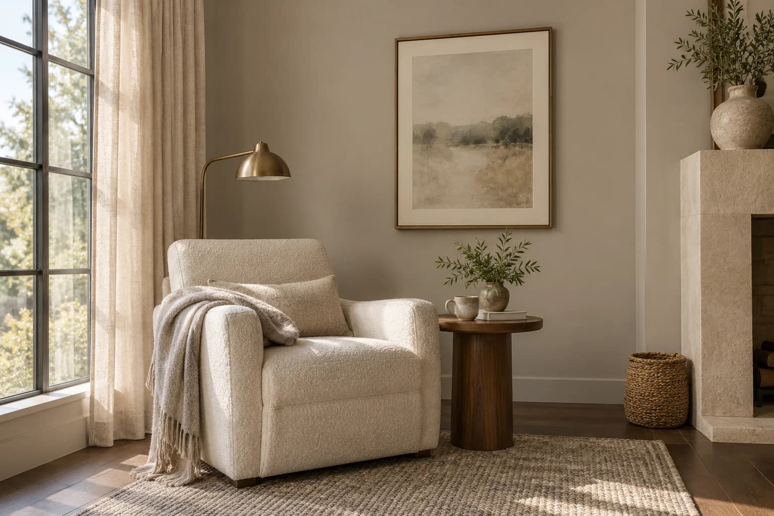 Reading nook with Perfect Taupe walls and a cream armchair