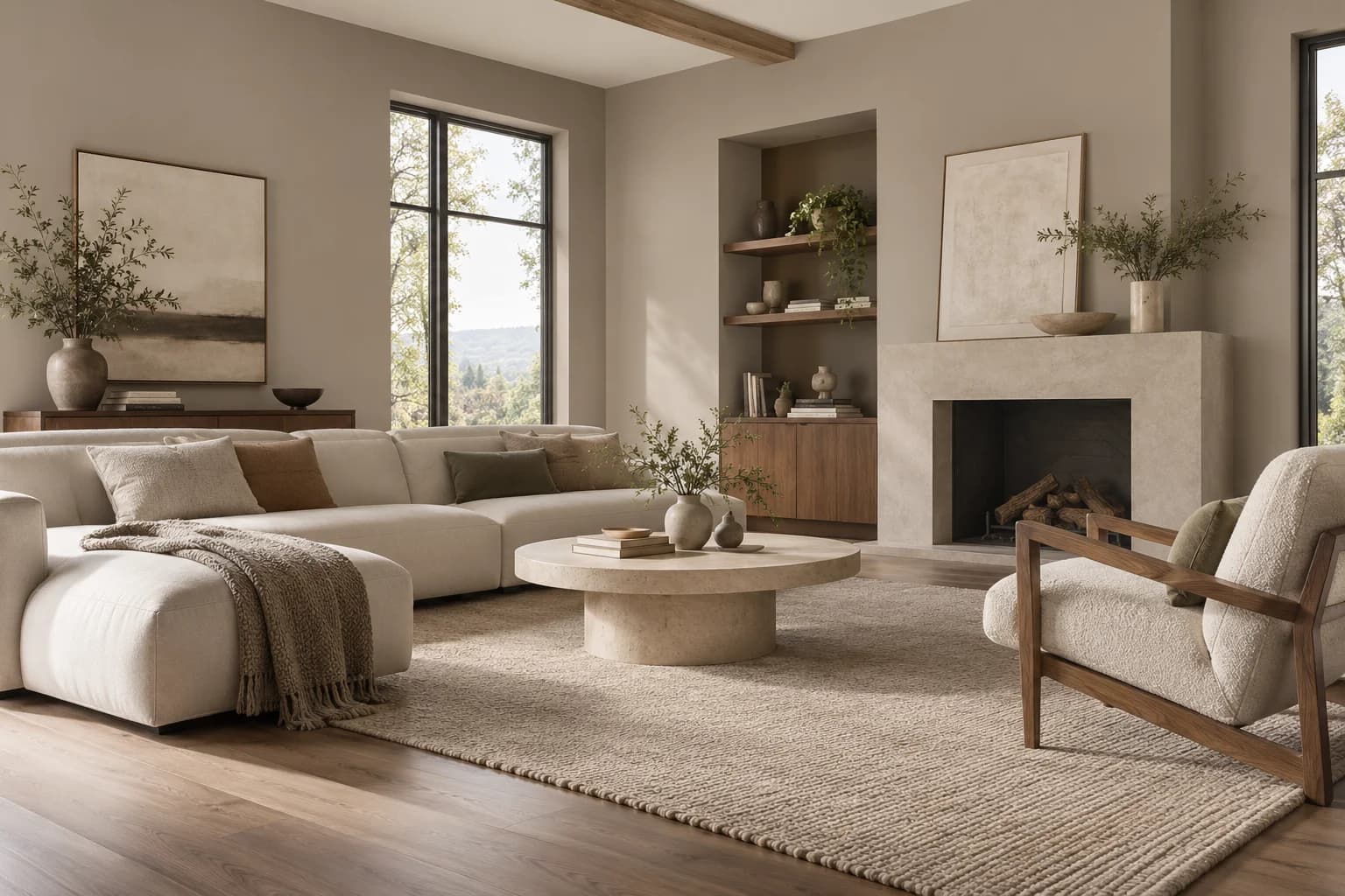 Perfect Taupe walls in an organic modern living room