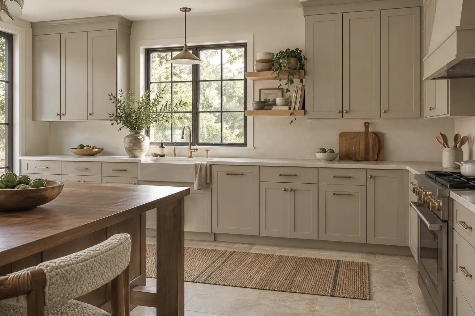 Kitchen cabinets featuring Perfect Taupe paint