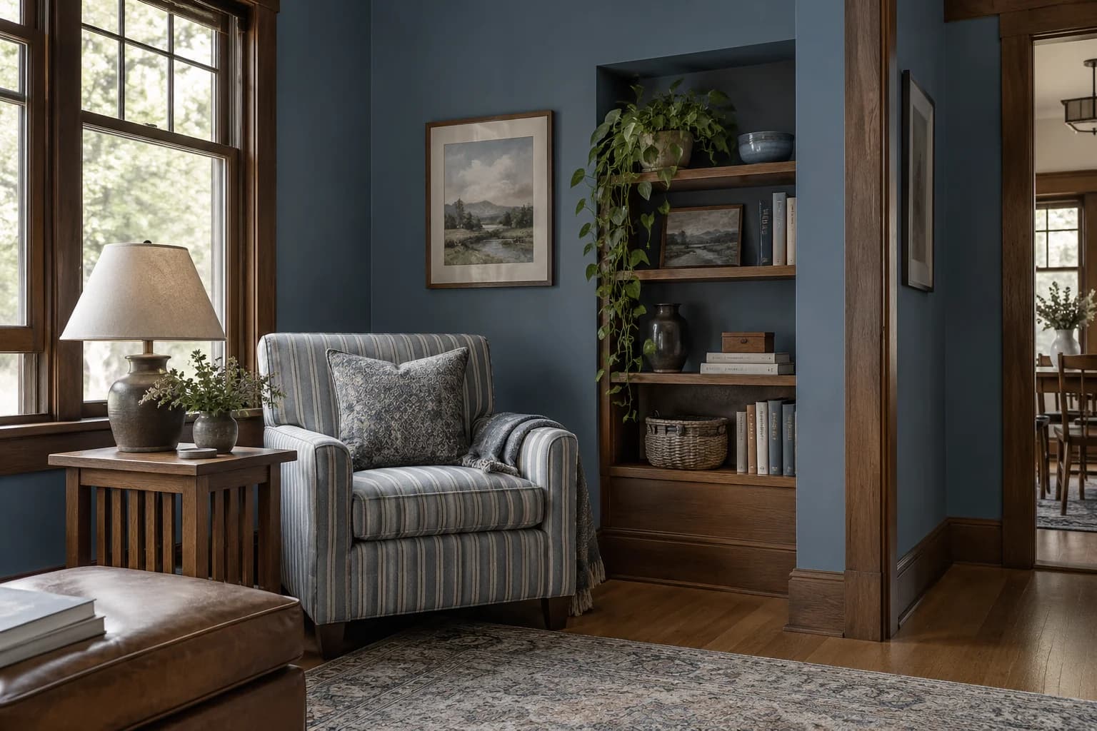 Reading nook with Blue Fjord walls and a cream armchair