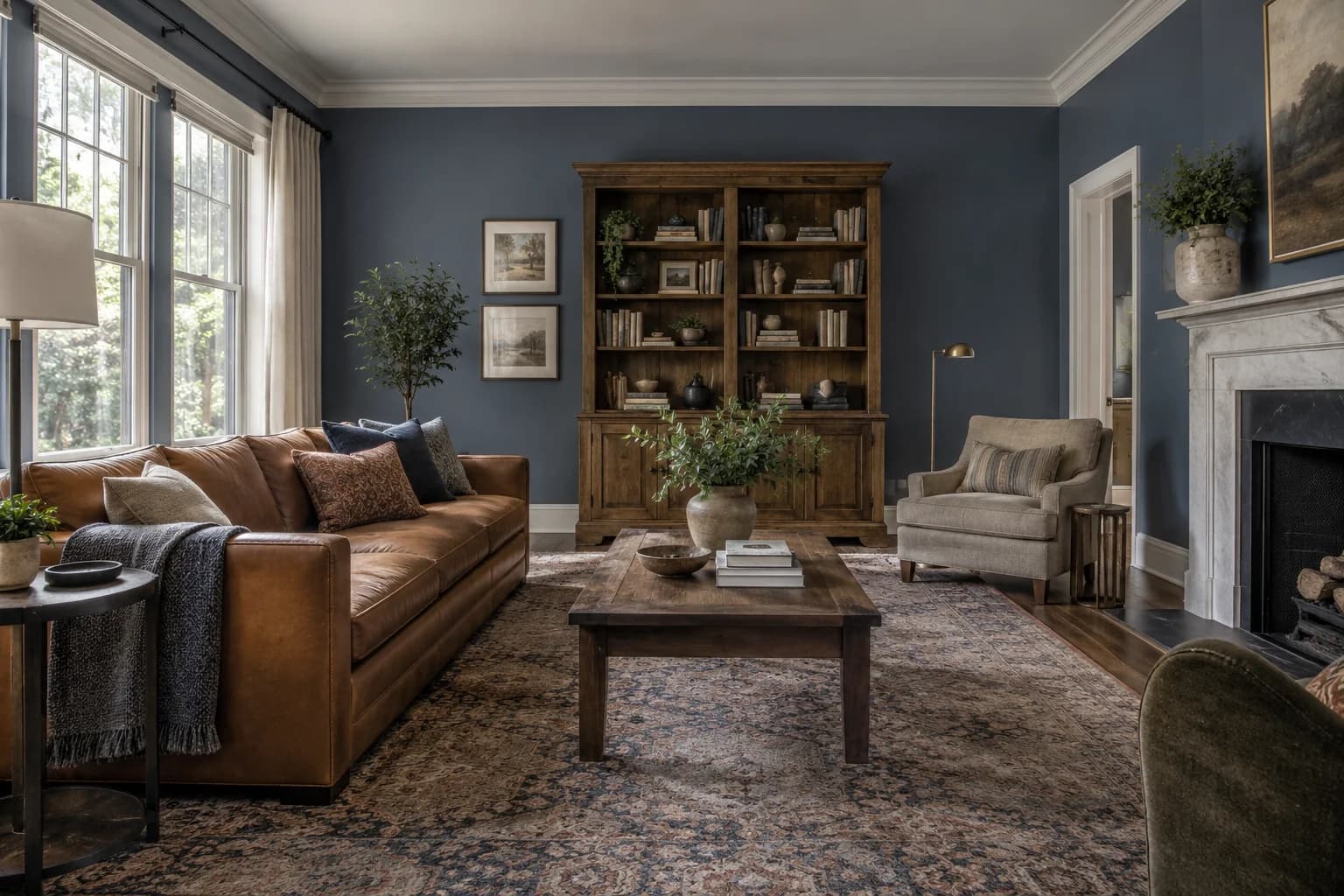 Blue Fjord walls in a tailored transitional living room