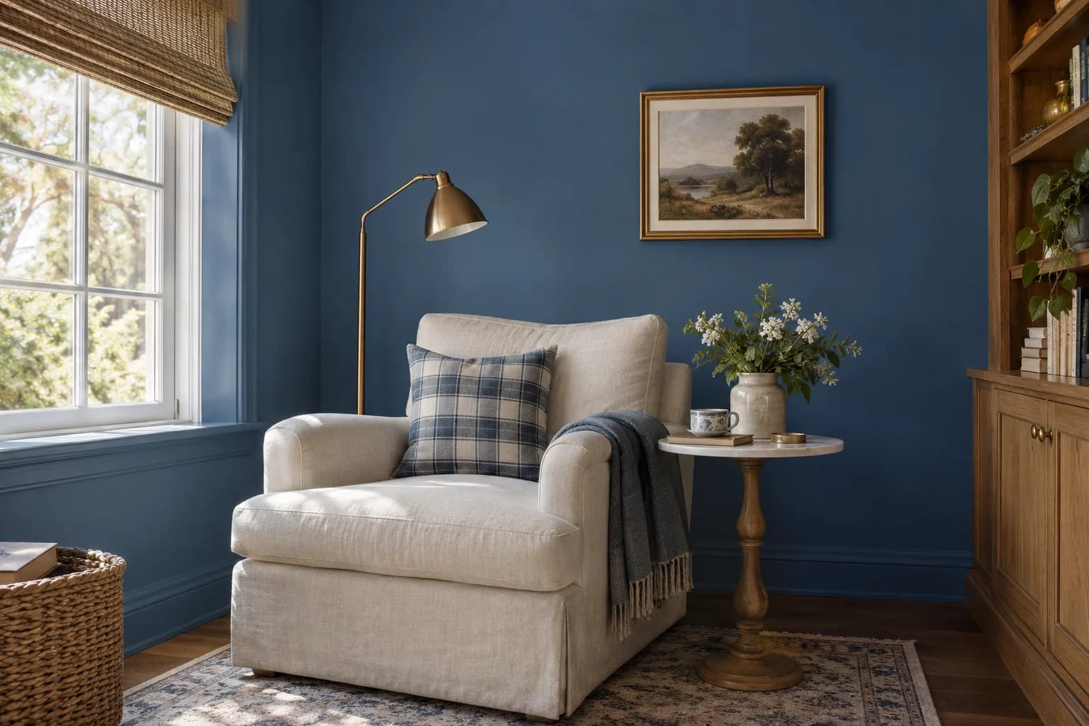 Reading nook with Chinese Porcelain walls and a cream armchair