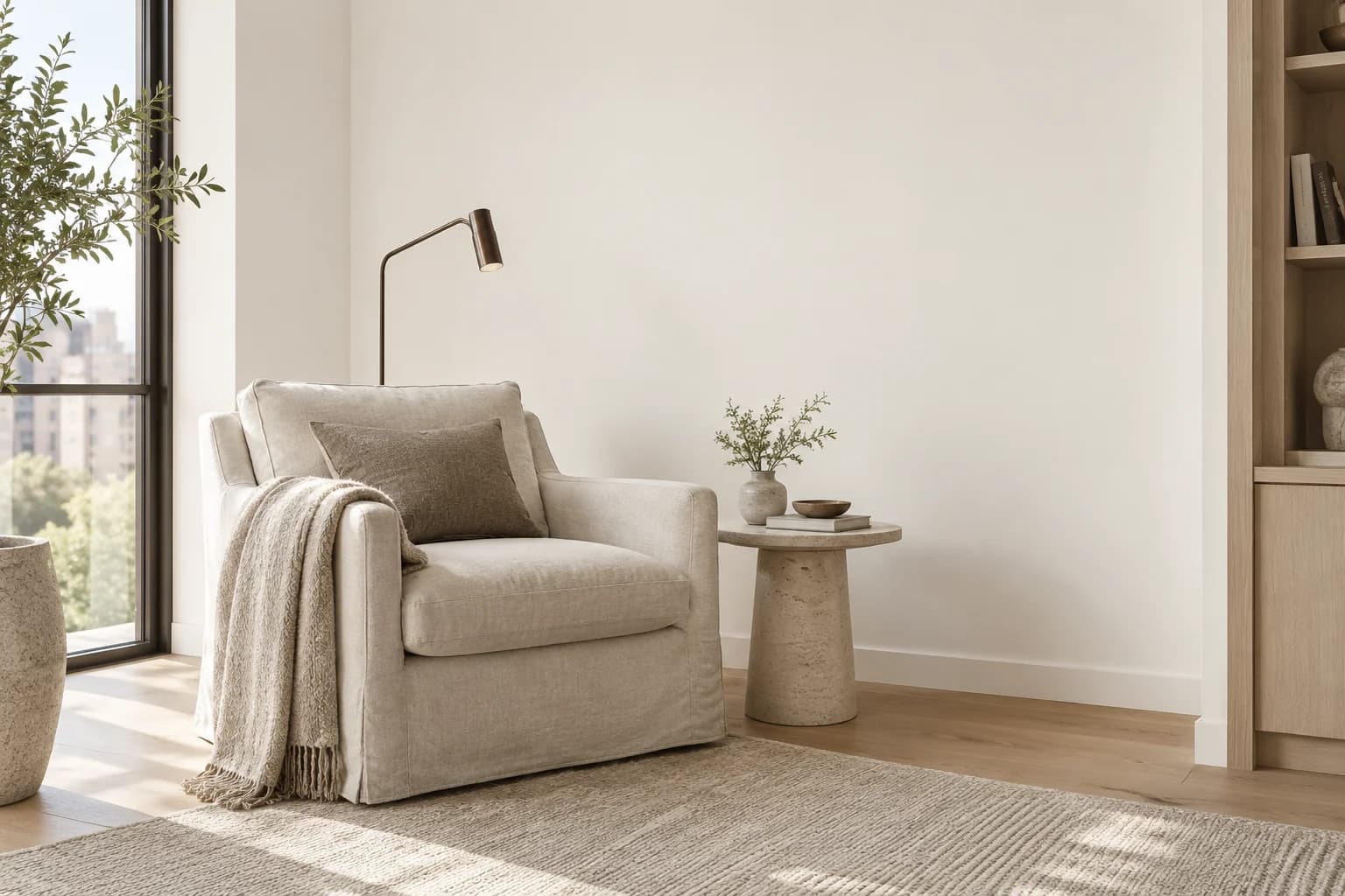 Reading nook with Gypsum walls and a cream armchair