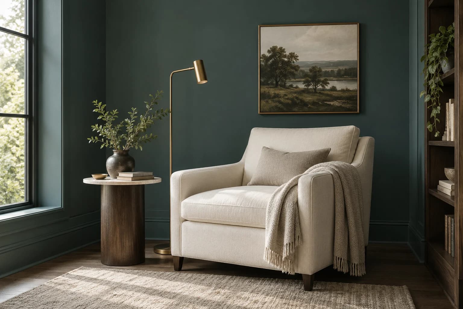 Reading nook with Night Watch walls and a cream armchair