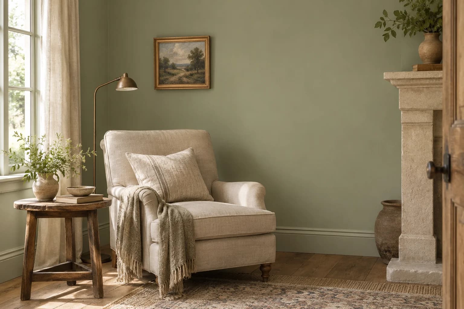 Reading nook with Olive Sprig walls and a cream armchair