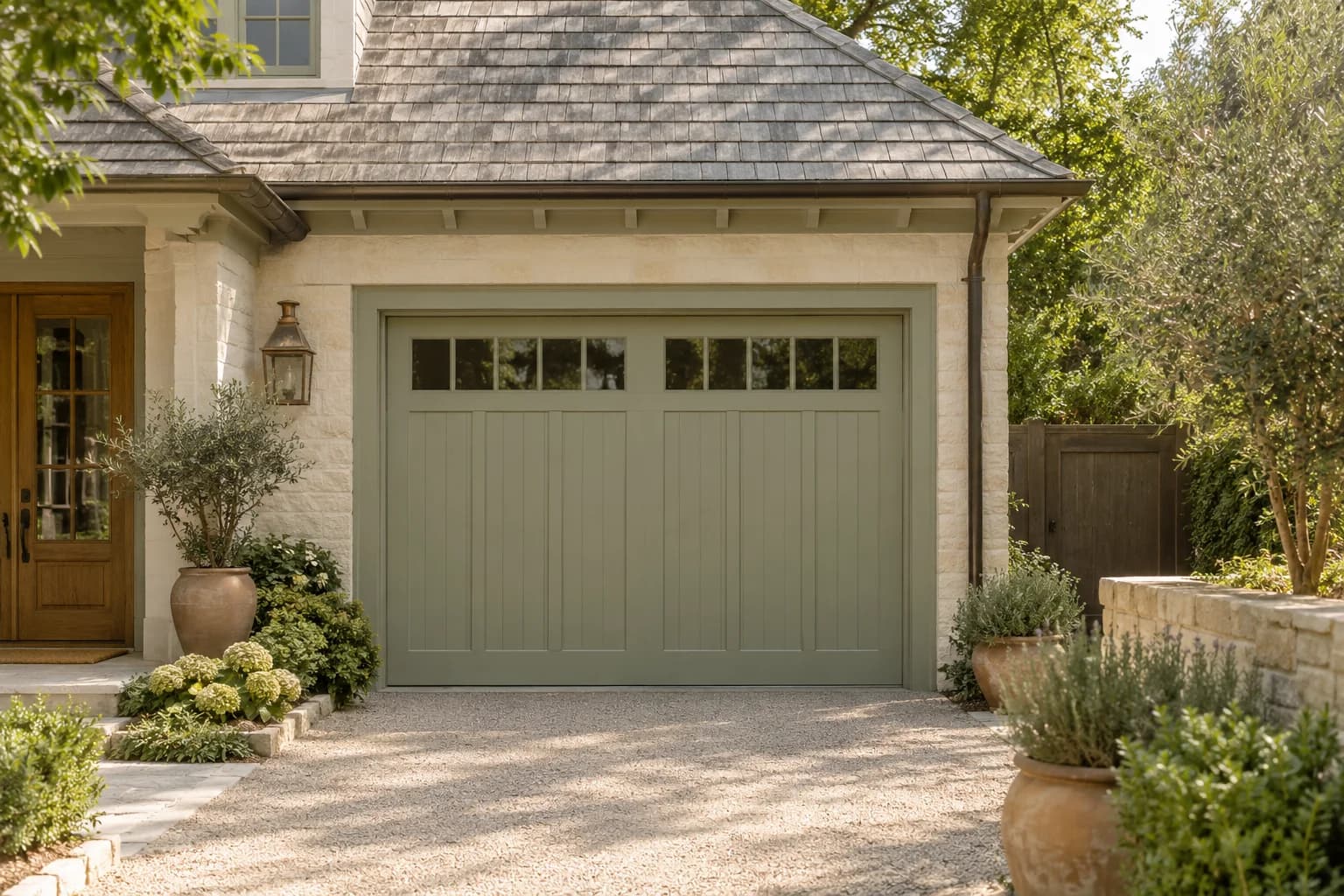 Garage door featuring Olive Sprig paint