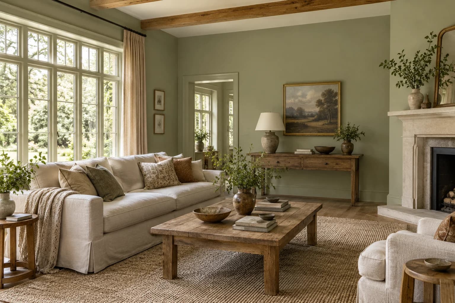 Olive Sprig walls in a garden cottage living room
