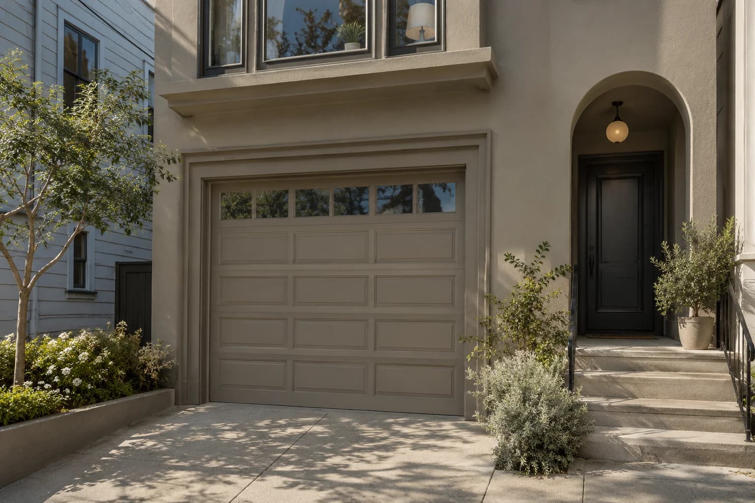 Garage door featuring Stonehenge Greige paint
