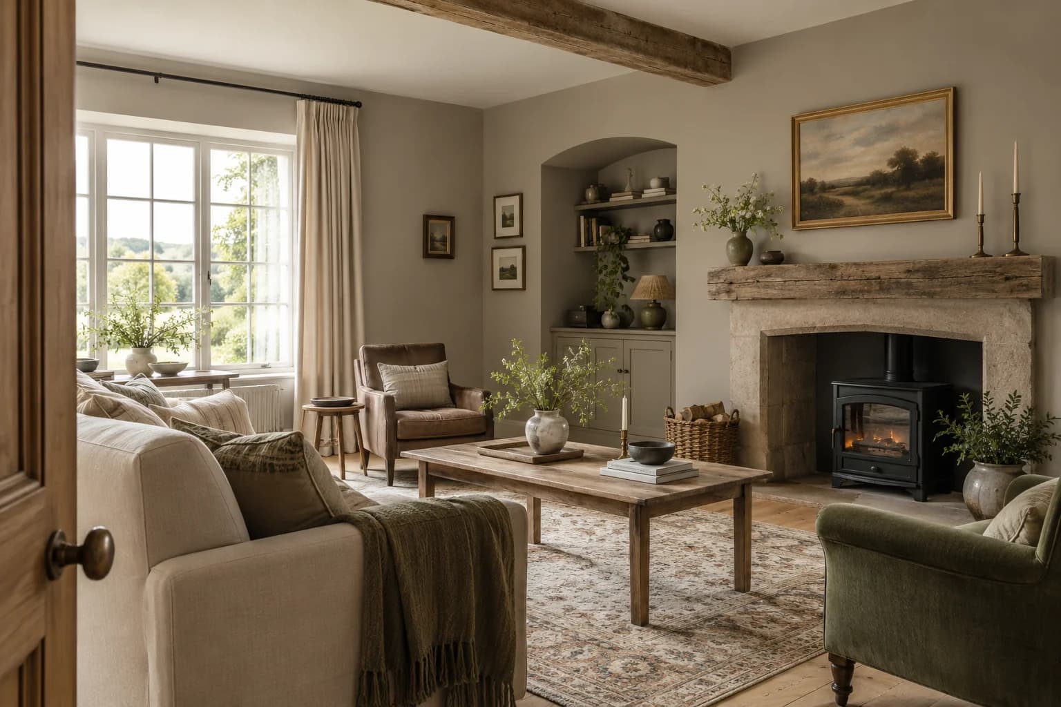 Stonehenge Greige walls in a English cottage living room