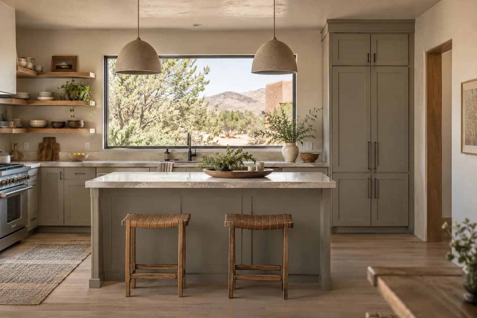 Kitchen cabinets featuring Stonehenge Greige paint