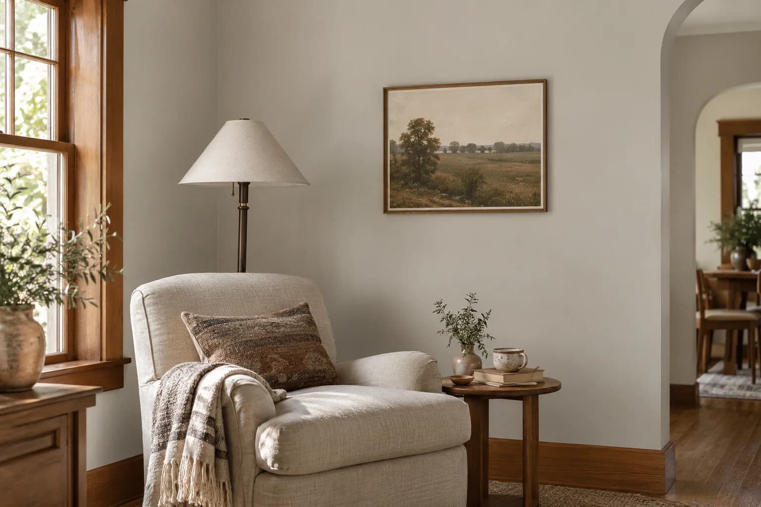 Reading nook with Swirling Smoke walls and a cream armchair
