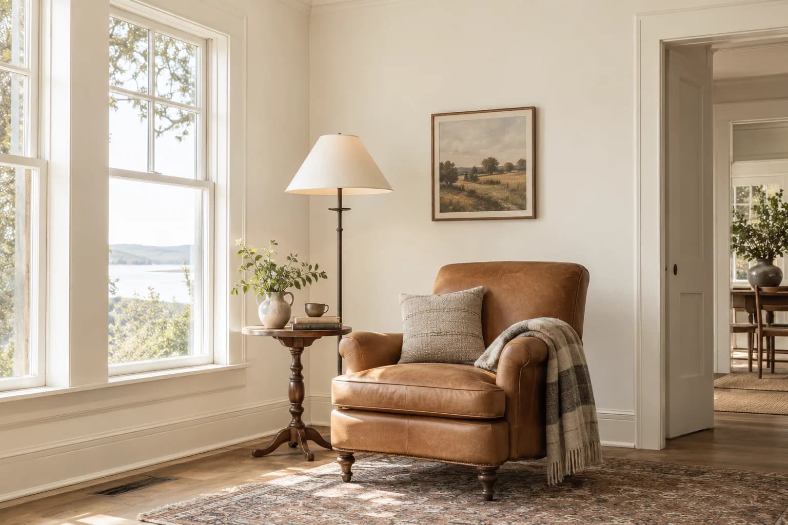 Reading nook with Creamy walls and a cream armchair