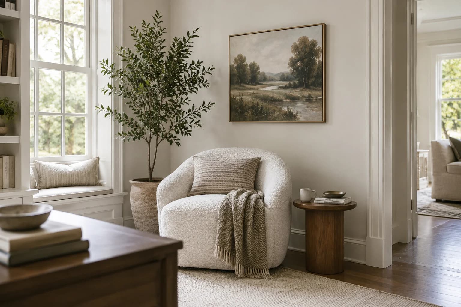 Reading nook with Drift of Mist walls and a cream armchair